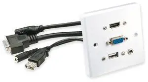 Multi AV Faceplate, Single Gang, HDMI, VGA, USB Type A, 3.5mm Audio, Fits a Standard UK Mains Back Box, 10cm Trailing Leads, White
