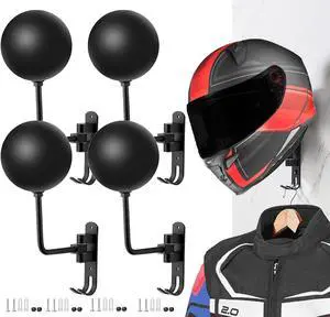 180° Motorcycle Helmet Rack, 4 Pack Rotation Metal Helmet Holder Wall Mount, Helmet Holder Bike with 2 Hooks Helmet Hanger for Motorcycle Bike Coats, Caps, Baseballs, Rugby Helmet (Black)