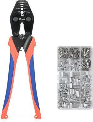 Wire Rope Crimping Tool with Built-in Cutter Kit, with 330pcs Loop Sleeve and 45pcs Stainless Steel Thimble, Crimping from 1/32-inch to 1/8-inch