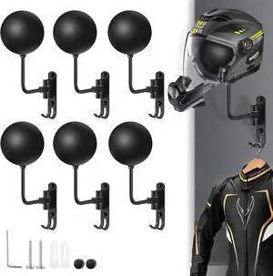 Helmet Rack Wall Mount with 180 Degree Rotation and 2 Hooks - Metal Helmet Holder Display Stand, Black, 6 Pcs