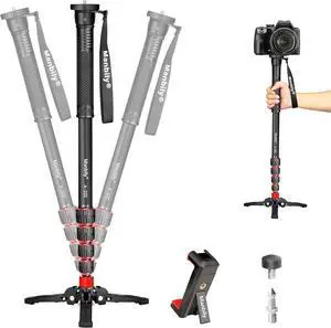 Extendable Camera Aluminum Monopod with Feet,Portable Travel Monopod with Removable Tripod Stand Base for DSLR Canon Nikon  Video Camcorder,5 Sections up to 67-in,Max Load 15.5 LbsA-222