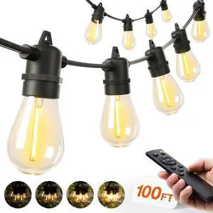 100FT LED Outdoor String Lights, Remote Dimmable Patio Lights with Timer & 3 Lighting Modes, 32 Shatterproof Edison Bulbs, Waterproof Connectable String Lights for Outside Backyard Porch Party