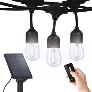 Solar Power Remote Control Outdoor String Lights with Edison Bulbs  Shatterproof, Commercial Grade LED Waterproof Patio Lights  1W, 3,000K, Hanging, 48 ft