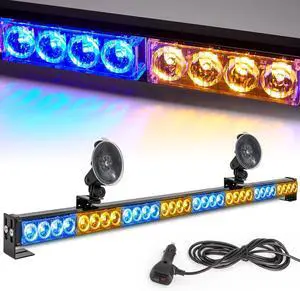 Emergency Strobe Light Bar 36 In 13 Flash Patterns Traffic Advisor Warning Hazard Windshield Safety Lights Bar with Cigar Lighter for Police Vehicles, Truck (35.5 Inch, Yellow/Blue 32 Led)