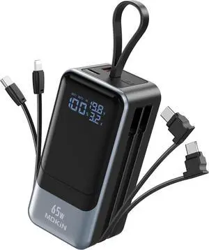 Portable Charger 65W, Power Bank Battery Pack with Built in Cable, 4 Outputs, USB C Powerbank Fast Charging, Travel Chargers for iPhone 16/15/14/13/12 Series, , Laptop, MacBook,  XPS, iPad