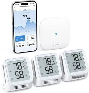 WiFi Hygrometer Indoor Humidity with SBS50 Base Station, Smart Hygrometer Thermometer with App Notification, Temperature Sensor for Room Temperature Monitoring, 3 Sensors & 1 Base Station