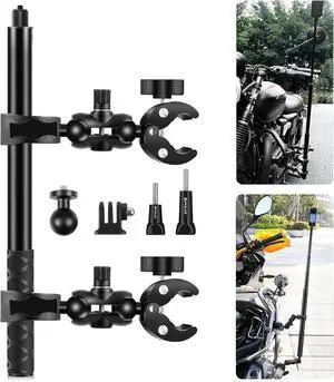 Double Clamp Motorcycle Mount Kit for Insta360 X4 X3 X2 GO 3 One RS Camera, Bike Handlebar Mount Bundle with 59" Invisible Selfie Stick Telescopic for Moto Bicycle Riding Records