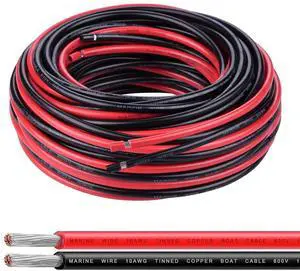 10 Gauge Wire,50Ft Black& 50Ft Red 10 AWG Tinned Copper Electrical Cable 2 Conductor Insulated Wire for Marine Solar Car Automotive Speaker Wiring
