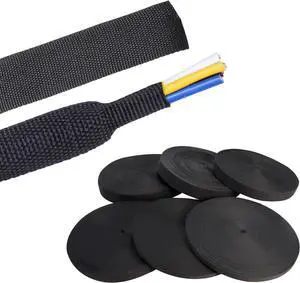 Black 2:1 Ratio Automotive Heat Shrink Braided Sleeving,Wear-Resistant Flat Woven Shrinkable Sleeve Fabric Car Cable Wires Hoses Protection (1"-35ft)