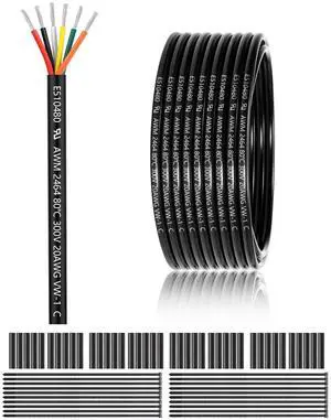 20 Gauge 6 Conductor Electrical Wire 100FT, UL 2464 20 AWG 6 Wire Cable Tinned Copper PVC Stranded 20/6 Core Wire for LED Lighting, Outdoor Low Voltage Extension Cable, Automotive etc.