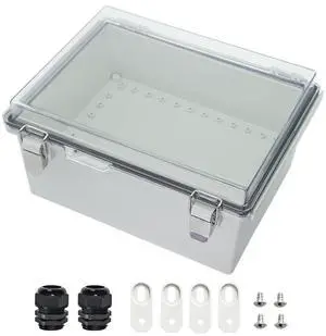 Junction Box ABS Plastic Dustproof Waterproof IP67 Electrical Boxes Hinged Shell Outdoor Universal Project Enclosure Grey Clear Cover, Stainless Steel Buckles (13.8 x 9.8 x 5.9 Inch