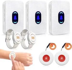 Wireless Caregiver Pager Call Button Elderly Nurse Alert System for Elderly Monitoring/Seniors with 2 SOS Call Panic Buttons & 2 Watch Pagers, 500+Feet 3 Receivers
