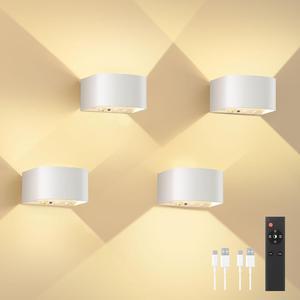 4 Pack Motion Sensor Wall Lamp with Remote Control 3 Colors Wireless Wall Light LED Indoor Up and Down Wall Sconce 5000mAh Rechargeable Battery Powered Wall Lamps Brightness Adjustable,White