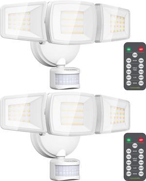 Security Lights Motion Sensor Outdoor, 2Pack LED Flood Lights with Remote, Dusk to Dawn 45W 5000lm 5000K, 3 Heads Wired Wall Adjustable Floodlights, IP65 Waterproof for Garage Yard House