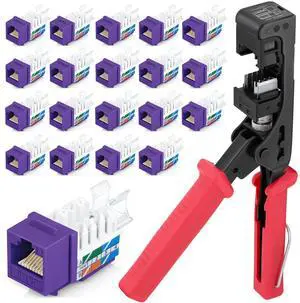 45° Angled Speed Termination Keystone Tool Set - with 20-Pack of RJ45 Cat6 Keystone Jacks in Purple (Slim Profile Design) - Time Saver Network Punch Down Tool Cat6