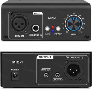 MIC-1 Microphone Preamp Mic Gain Booster with 2 Input Max 75db Gain 48V Phantom Power Ultra-Clean Gain for Dynamic and Condenser Mic