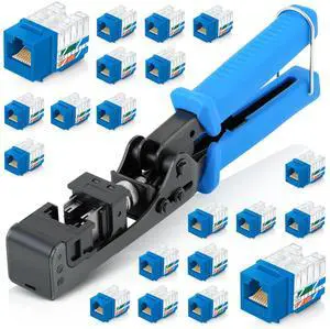 90° Angled Speed Termination Keystone Tool Set - with 20-Pack of RJ45 Cat6 Keystone Jacks in Blue (Slim Profile Design) - Time Saver Network Punch Down Tool Cat6
