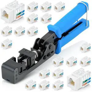 90° Angled Speed Termination Keystone Tool Set - with 20-Pack of RJ45 Cat6 Keystone Jacks in White (Slim Profile Design) - Time Saver Network Punch Down Tool Cat6