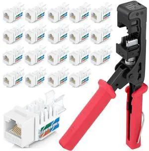 45° Angled Speed Termination Keystone Tool Set - with 20-Pack of RJ45 Cat6 Keystone Jacks in White (Slim Profile Design) - Time Saver Network Punch Down Tool Cat6