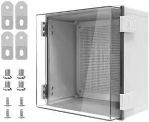 Junction Box, IP65 Waterproof Dustproof ABS Plastic Enclosure, Outdoor and Indoor Project Box Hinged Clear Cover with Mounting Plate Wall Brackets, Outer Dimension 11.8"x 11.8" x 7.1", Grey