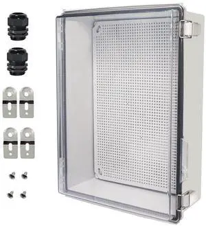 Junction Box,IP67 Waterproof Electrical Box Hinged Clear Cover Stainless Steel Buckle Plastic Enclosure for Project w Mounting Plate Wall Bracket and 2 Cable Gland 15"x11"x5.1"/380x280x130mm