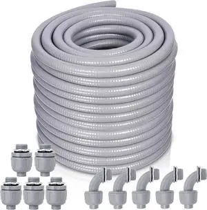 Liquid-Tight Conduit and Connector Kit - 3/4 Inch 100 FT Non Metallic Liquid Tight Electrical Conduit with 5 Straight and 5 Angle Fittings