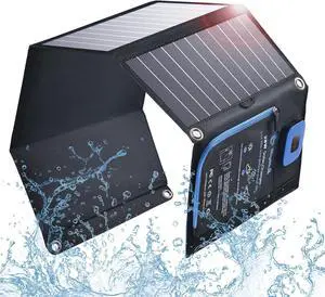 Portable Solar Charger 28W with Digital Ammeter, 25.4% High-Efficiency, Dual USB Ports, Folding Waterproof Solar Panels with Carabiners for Camping, Backpacking, Phones, Tablets, Power Bank