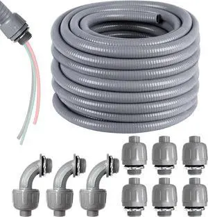 1inch 50ft Electrical Conduit Kit, Flexible Non-Metallic Liquid Tight Electrical Conduit, Flexible Conduit with 6 Straight and 3 Angle Fittings, Not Include 10-AWG 3 Colour Wire (1" Dia)