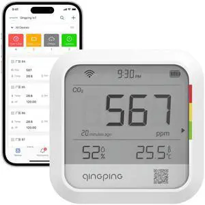 CO2 Monitor Thermometer Hygrometer, Remote Monitoring via Qingping IoT, Temperature and Humidity Monitor for Different Scenarios, Fast Alert Notification, Rechargeable Battrey