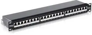 24-Port Cat6A Shielded Patch Panel, 1U 19" Metal Housing, 10G Ready, Cat5e,Cat6,Cat6A Compatible, Cable Management, Color-Coded Labeling for T568A and T568B Wiring, Black, TC-P24C6AS