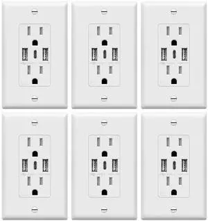 USB Outlet, 3-Port Type C 3.6A 18W USB Wall Outlet, 15 Amp Tamper-Resistant Receptacle Plug, Charging Power Outlet with USB Ports, UL Listed, TU21536AC3-6PCS, White, 6 Pack