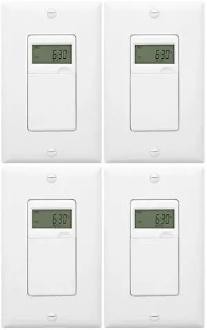 Programmable Digital Timer Switch for Lights, Fans, Motors, 7-Day 18 ON/OFF Timer Settings, Single Pole, Neutral Wire Required, UL Listed, HET01-C, White, 4 Pack