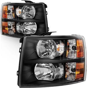 Headlight Assembly Compatible with 2007-2013 Chevy Silverado 1500/2007-2014 Silverado 2500HD 3500HD Replacement Headlamp Pair Black Housing Amber Reflector Clear Lens