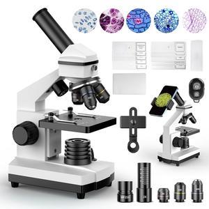 Microscope for Adults & Kids - 100X-2000X High-Power Biological Microscope for Students, School Lab & Home Education, with Slides Set & Phone Adapter (White)