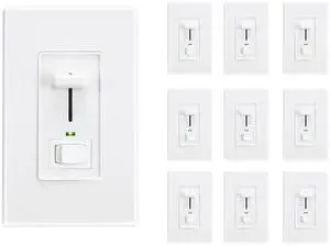in Wall Dimmer Switch with Green Indicator, for LED Light/CFL/Incandescent,3-Way Single Pole Dimmable Slide,600 Watt max,Cover Plate Included,White,10 Pack