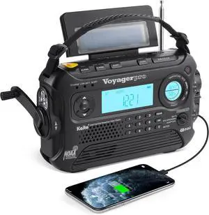 Voyager Pro KA600 Digital Solar Dynamo Hand Crank AM/FM/LW/SW & NOAA Weather Emergency Radio with Flashlight, Reading Lamp,Smart Phone Charger & RDS and Real-Time Alert, with AC Adapter, Black