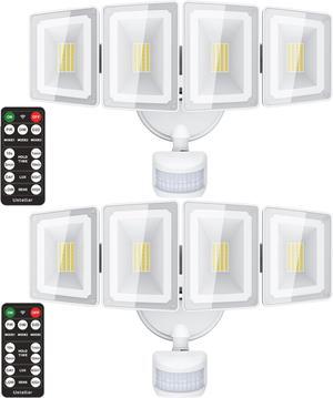 100W 10000LM LED Security Lights Motion Sensor Outdoor, Remote Control 4 Heads LED Flood Light Outdoor, 5000K Daylight, IP65 Waterproof, Bright Motion Detected Light Outside Yard-2 Pack