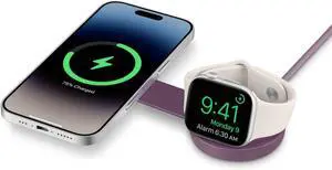 2-in-1 Compact Foldable Wireless Travel Charger, 15W MagSafe Duo Charging for iPhone, Airpods, and  Watch, Midnight Plum