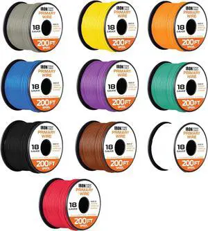 Forge Cable 18 Gauge Primary Automotive Wire - 10 Roll Assortment Pack - 200 Ft of Copper Clad Aluminum Wire per Roll - for Home or Automotive