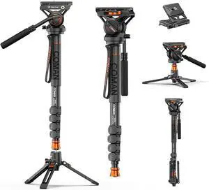 Professional Camera Monopod with Feet, 73.2 inch Aluminum Portable Travel Video Monopod with Removable Tripod Stand Base, Max Load 22 Lbs, New Q6 Fluid Head for  RS4 Manfrotto