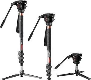CF34 Carbon Fiber Camer Monopod Kit, 72 inch Professional Telescopic Video Monopods with Video Fluid Head and Folding Support Base for DSLR Video Cameras Camcorders, Plus 1 Extra Sliding Plate