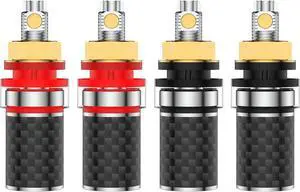 BP604R 4X HiFi Speaker Binding Post Rhodium-Plated Copper Hi-end Speaker Banana Plug Socket Terminals Screw Lock Audio Banana Jack Connectors, Carbon Fiber Body, Color Coded, for HiFi Speaker