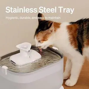 Cat Water Fountain with Wireless Pump, 2.5L/84oz Pet Water Fountain for Cats Indoor Stainless Steel, Cat Water Dispenser with Two Flow Modes, Pat Fountain for Drinking Easy Clean, BPA-Free