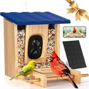 Smart Bird Feeder with Camera 2K HD Auto Detect & Notify AI Identify 10000+ Birds Camera Solar Powered 2.4G Wireless Outdoor Birdwatching Wood Birdhouse Gift for Birds Lover, Burlywood