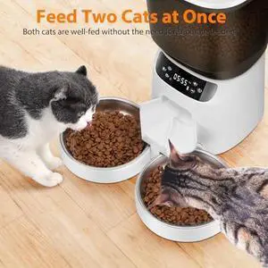 Automatic Cat Feeders for Two Cats, 5L/20 Cups Double Automatic Cat Food Dispenser with 2 Stainless Bowls, Timer Setting 20 Portions 6 Meals Per Day, 10s Meal Call, Pet Feeder for Dog (Black)