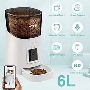 Video Automatic Pet Feeder with HD Camera, Food Dispenser for Cats and Dogs WiFi Smart Feeder with Camera 6L 2-Way Audio, Mobile Phone Control, Timed Feeder, Desiccant Bag Up to 8 Meals per Day
