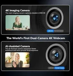4K Webcam for Streaming, Worlds 1st Dual-Camera AI-Powered 4K Camera w/AI Autofocus, 3 Mics Array&3 Sound Modes, USB Webcam with Clip, Great for Streaming, Desk Setup and Creative Gifts