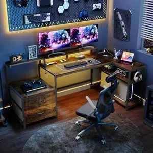 70 inch L Shaped Gaming Desk with LED Lights & Power Outlets,Computer Desks with Storage Drawers,Reversible Larger Corner Desk with Adjustable Shelves, Office Table with Monitor Stand Black