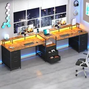 98.4" Long Computer Desk with 9 Drawers, 2 Person Gaming Desk with LED Lights & Power Outlet, Two Person Home Office Desk with Storage, Printer Shelf  Monitor Stand, Black
