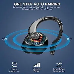 Wireless Earbuds, Bluetooth 5.4 Headphones with Noise Cancelling Mic, Bass Stereo Earphones 50Hrs with LED Display, IP7 Waterproof Earbuds with Earhooks, Ear Buds for Sports, Black